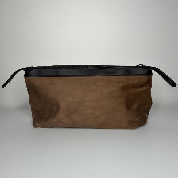 Sondra Roberts Squared Vegan Leather Brown Suede Clutch Purse Makeup Bag Travel - Picture 3 of 14